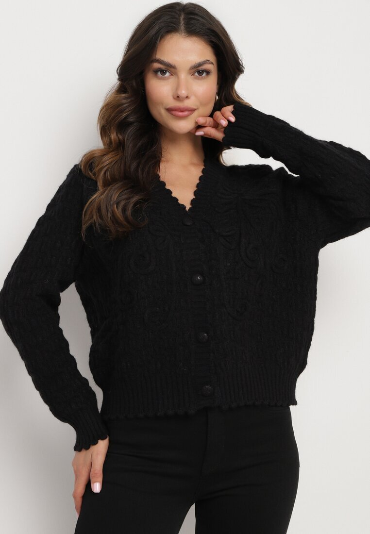 acajo Cardigan Negru Oversize Încheiat cu nasturi cu broderie decorativă Kalabrine