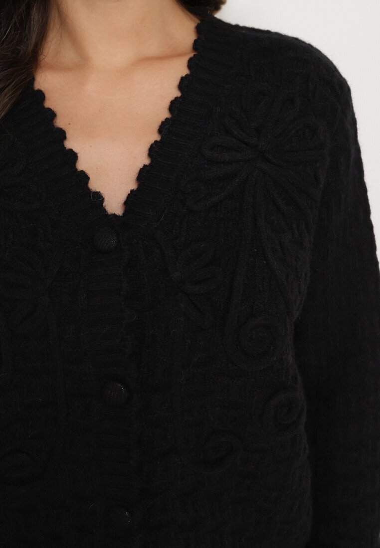 acajo Cardigan Negru Oversize Încheiat cu nasturi cu broderie decorativă Kalabrine