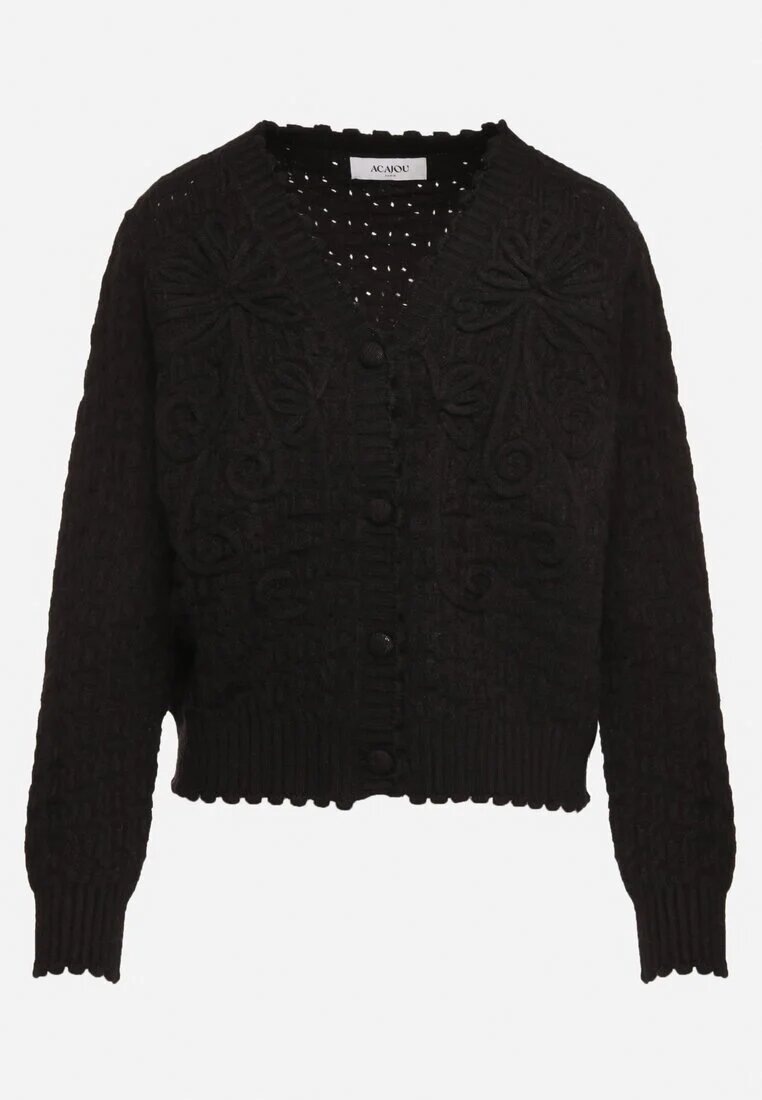 acajo Cardigan Negru Oversize Încheiat cu nasturi cu broderie decorativă Kalabrine
