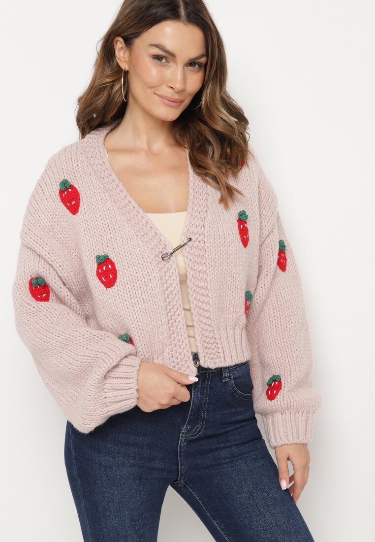 acajo Cardigan Roz Deschis Cropped cu Aplicații în formă de Căpșuni Lorinelle