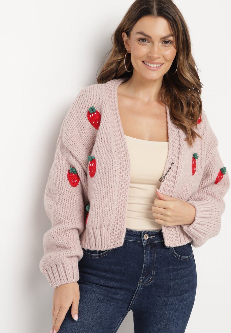 acajo Cardigan Roz Deschis Cropped cu Aplicații în formă de Căpșuni Lorinelle