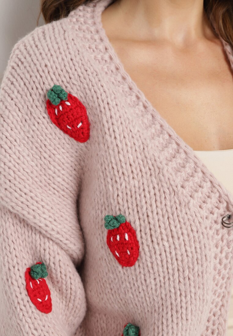 acajo Cardigan Roz Deschis Cropped cu Aplicații în formă de Căpșuni Lorinelle