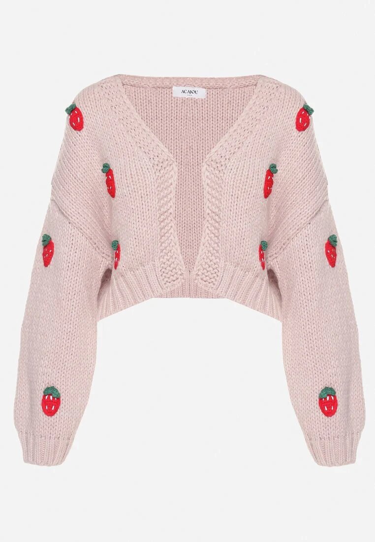 acajo Cardigan Roz Deschis Cropped cu Aplicații în formă de Căpșuni Lorinelle