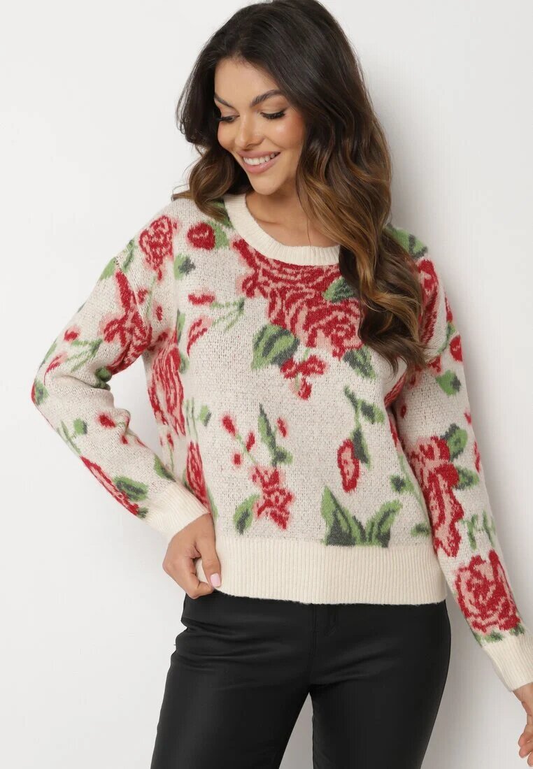 acajo Pulover Clasic Bej deschis cu croi tip cutie cu model floral rustic cu fir metalic Savielle