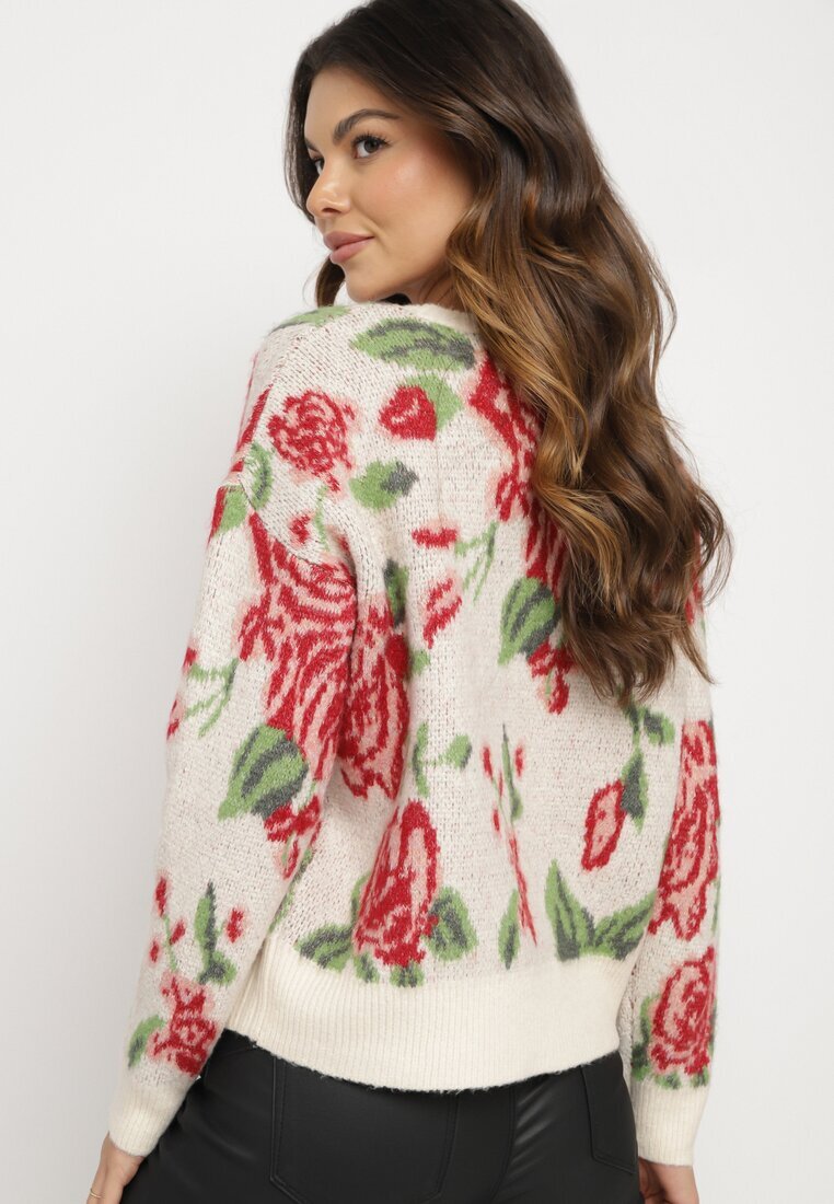 acajo Pulover Clasic Bej deschis cu croi tip cutie cu model floral rustic cu fir metalic Savielle