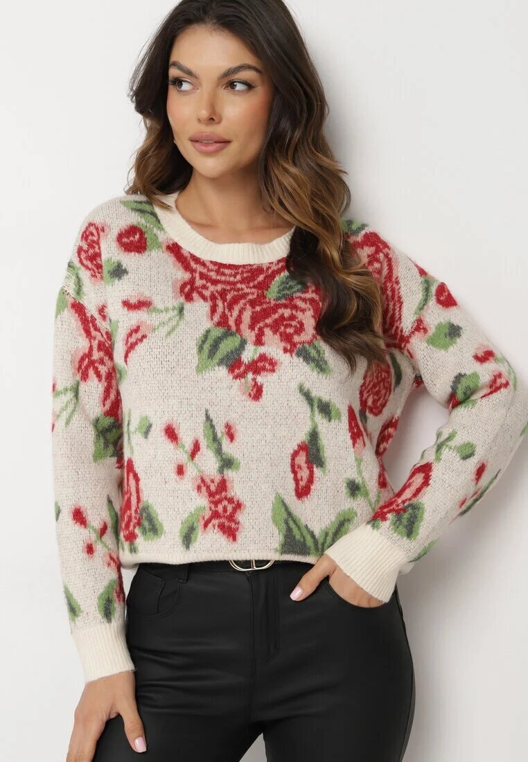 acajo Pulover Clasic Bej deschis cu croi tip cutie cu model floral rustic cu fir metalic Savielle