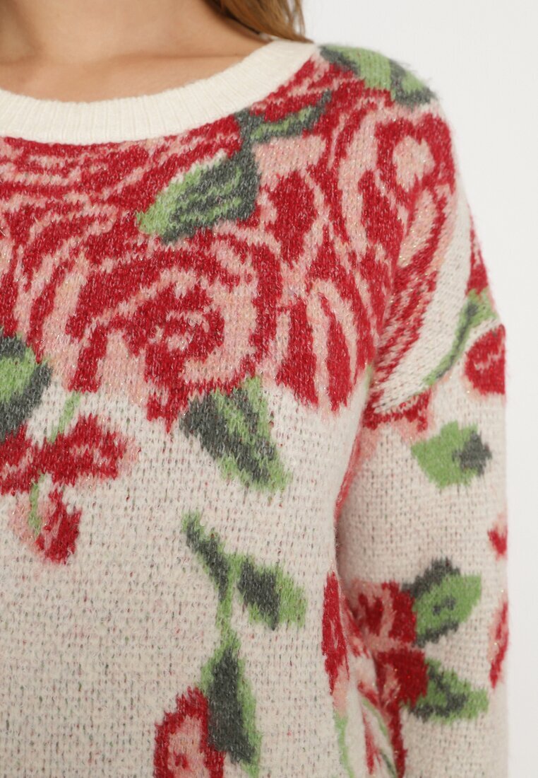 acajo Pulover Clasic Bej deschis cu croi tip cutie cu model floral rustic cu fir metalic Savielle