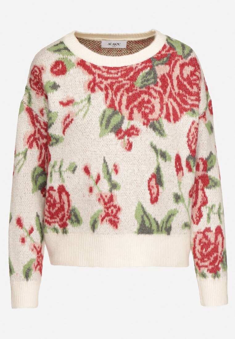 acajo Pulover Clasic Bej deschis cu croi tip cutie cu model floral rustic cu fir metalic Savielle