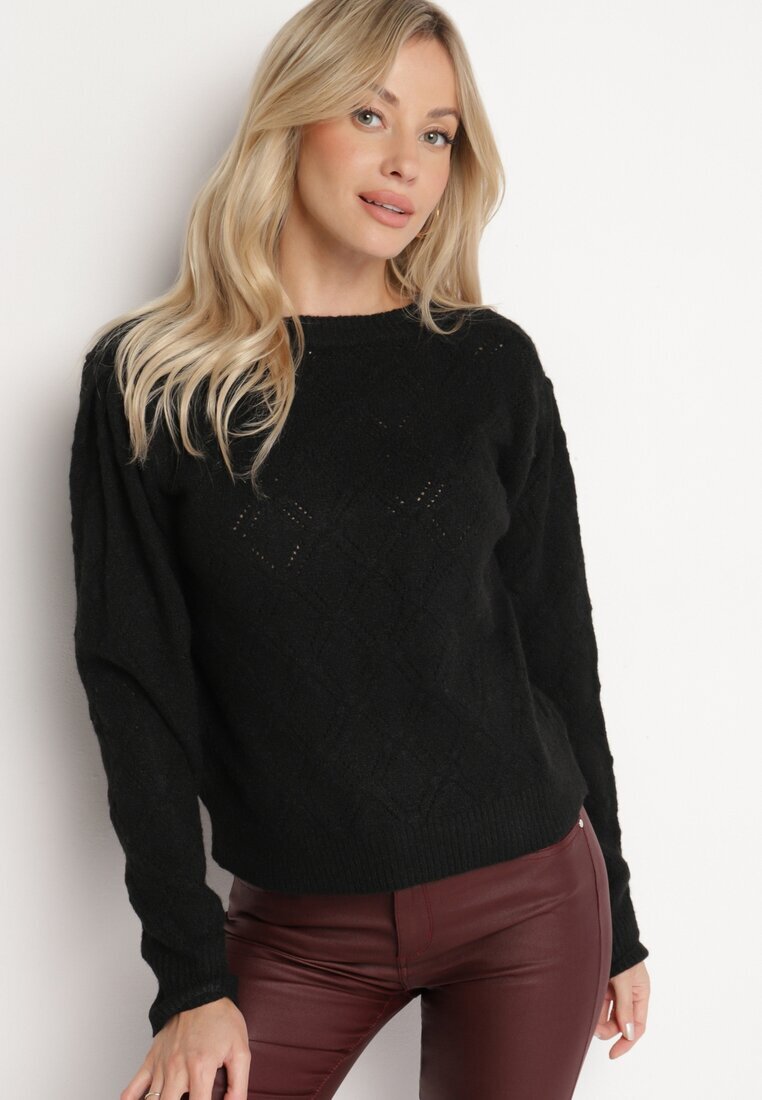 acajo Pulover Clasic Negru Decorat cu model în relief Derista