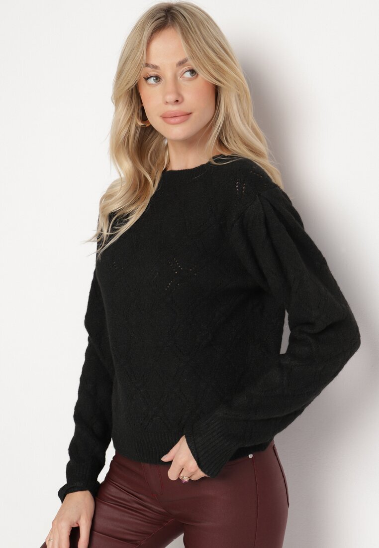 acajo Pulover Clasic Negru Decorat cu model în relief Derista