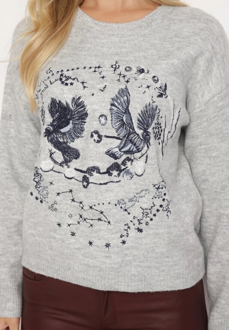 acajo Pulover Gri deschis cu broderie decorativă în față Minavira