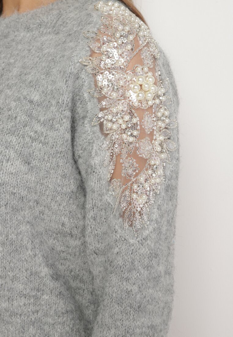 acajo Pulover Gri deschis Decorat Cu paiete Cu zirconii și Cu perle Cu lână Tiavella
