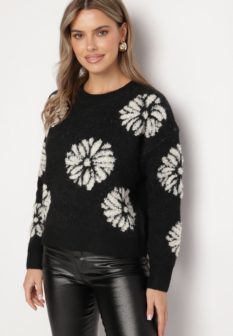 acajo Pulover Negru cu Lână cu Croială Simplă cu Imprimeu Floral Tinthera