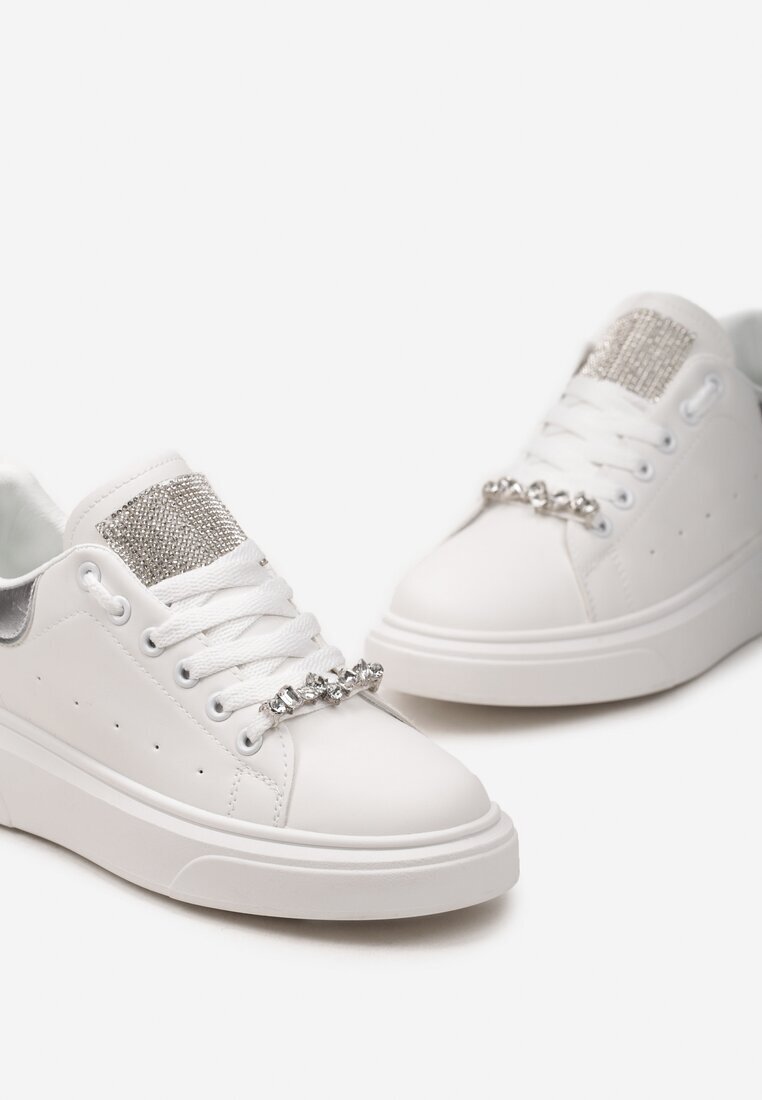  Adidași Alb-Argintii cu Decorație Detașabilă pe Șireturi și cu Zirconii pe Limbă Vanello