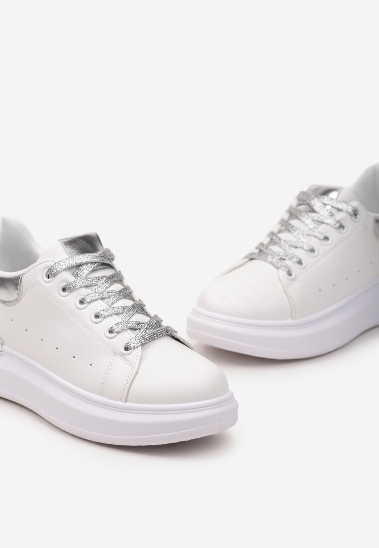  Adidași Alb-Argintii cu Platformă cu Inserție Metalică și Șireturi cu Sclipici Wuriana