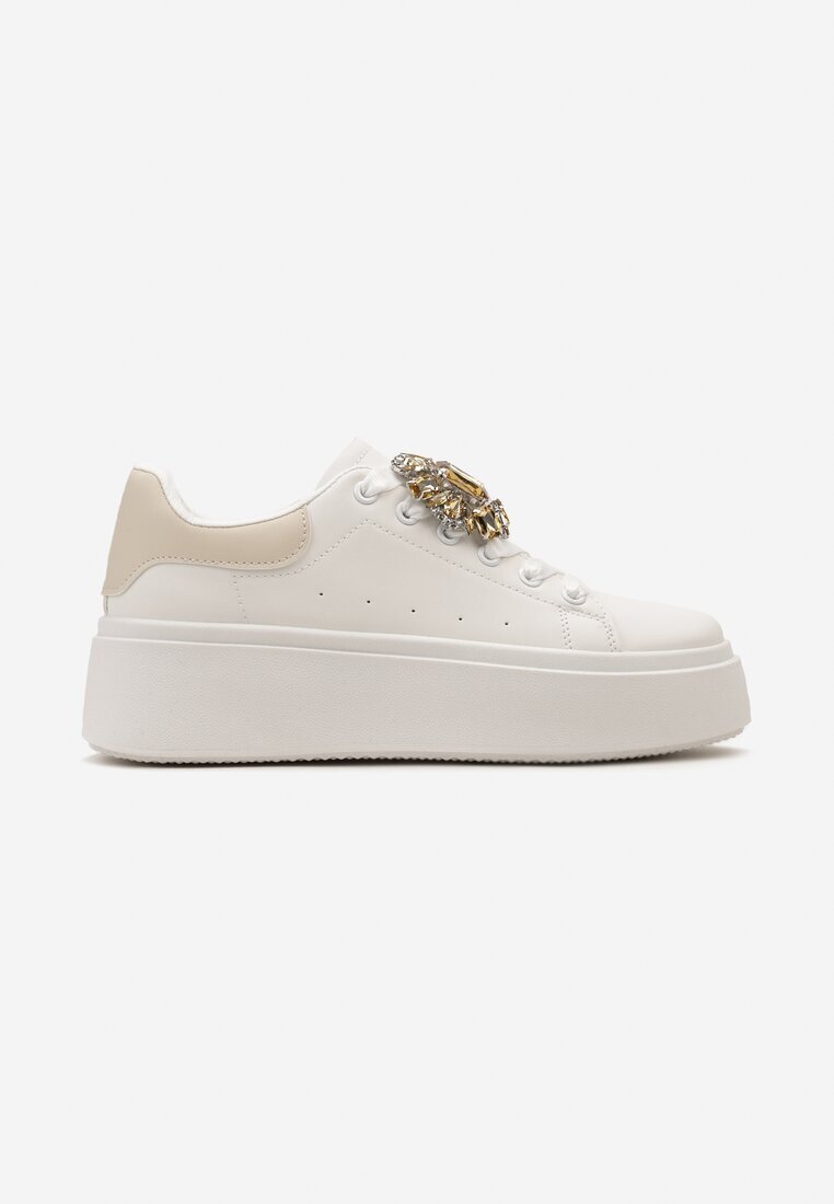  Adidași Alb-Bej pe Platformă cu Perforații și Piatră Decorativă Dilhela