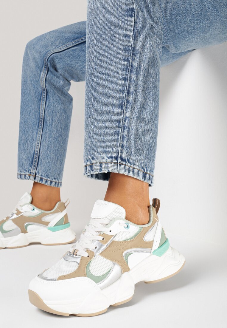  Adidași Alb-Bej pe Talpă Groasă cu Plasă și Inserții Metalice Terlimi