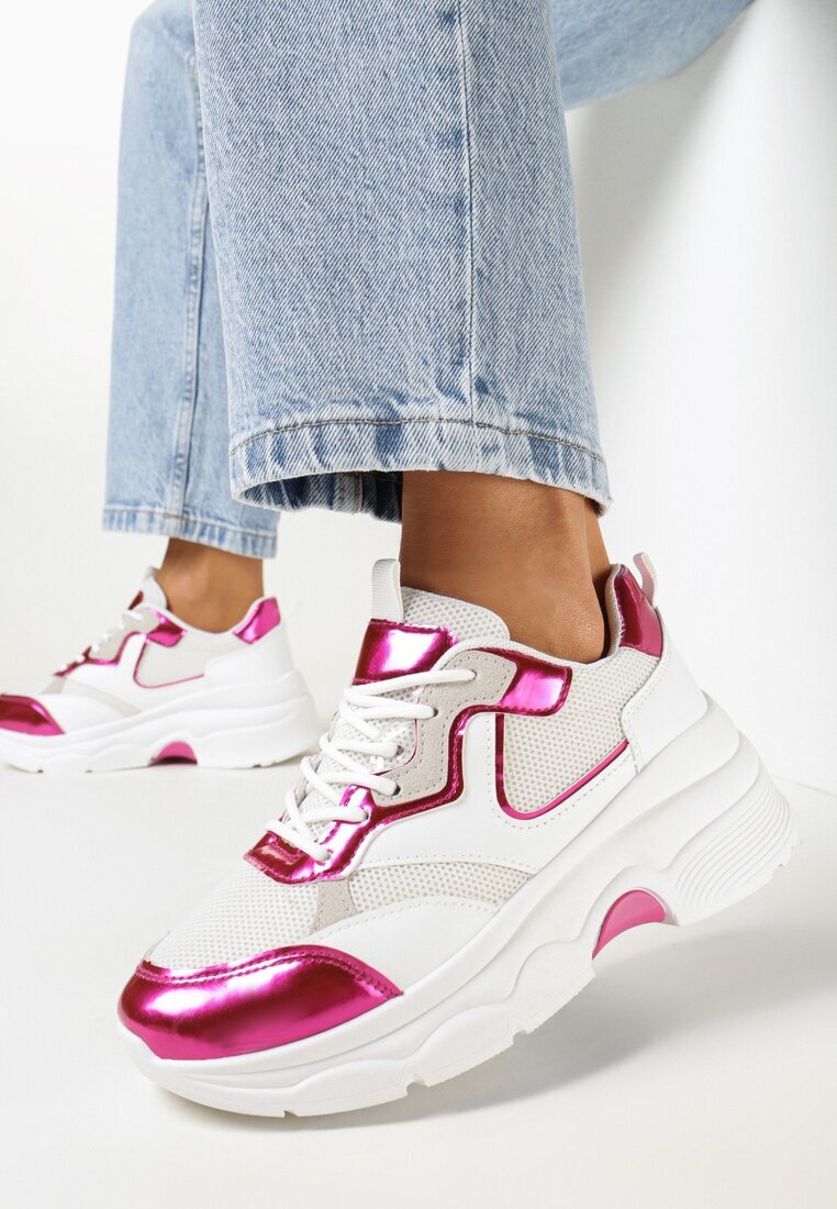  Adidași Alb-Fucsia cu Talpă Groasă cu Inserții Lăcuite Fryda