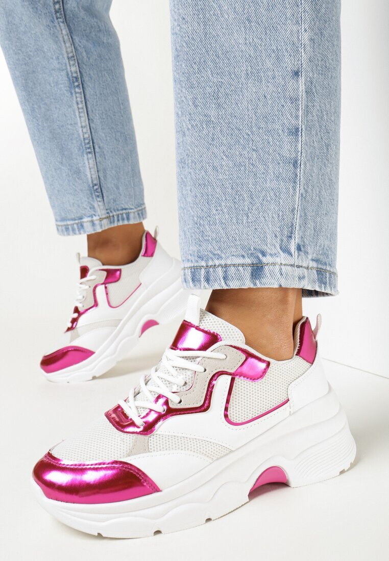  Adidași Alb-Fucsia cu Talpă Groasă cu Inserții Lăcuite Fryda
