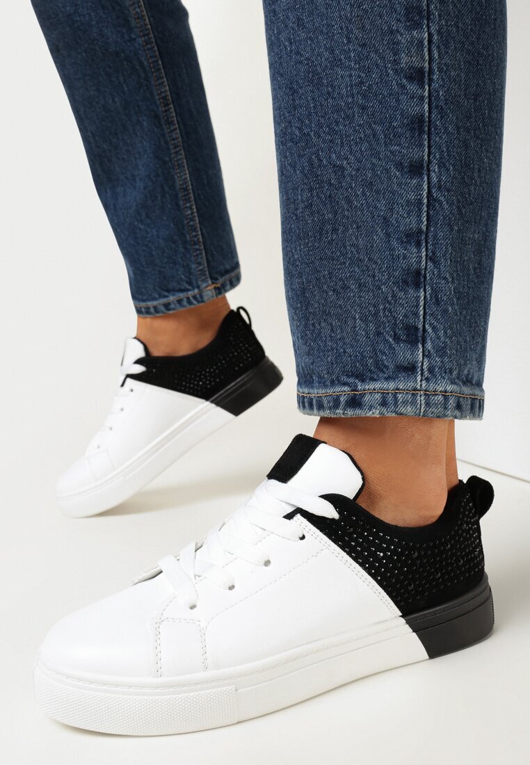  Adidași Alb-Negru Cu șireturi Cu talpă plată Cu zirconii decorative Gimena