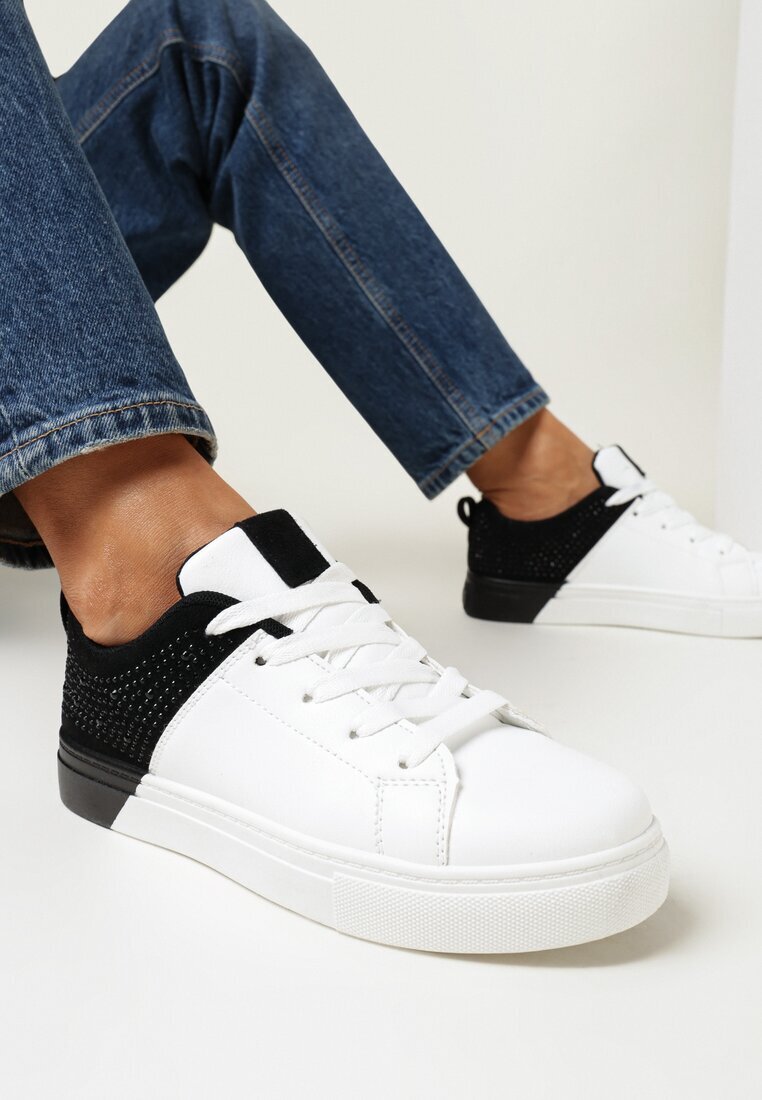  Adidași Alb-Negru Cu șireturi Cu talpă plată Cu zirconii decorative Gimena