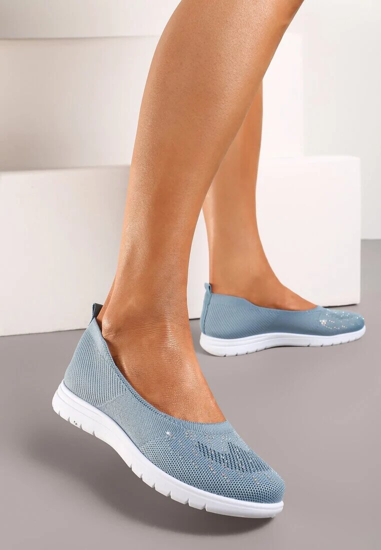  Adidași Albastre Slip-on cu Talpă Plată decorate cu Strasuri Faux Foviana