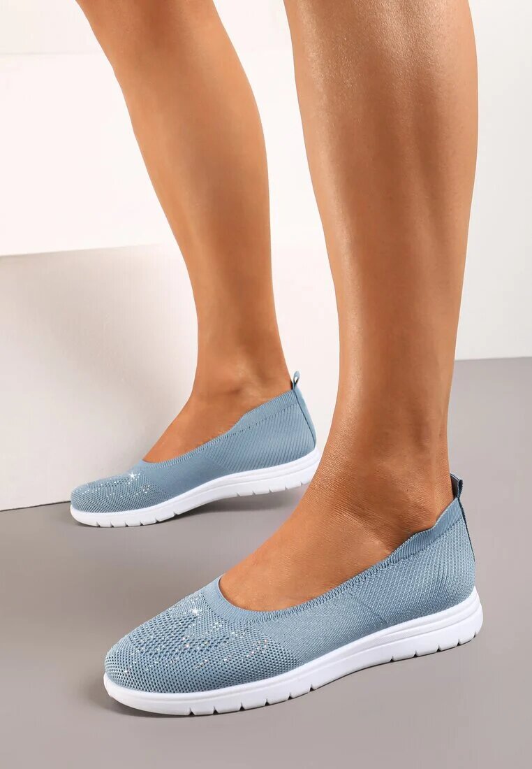  Adidași Albastre Slip-on cu Talpă Plată decorate cu Strasuri Faux Foviana
