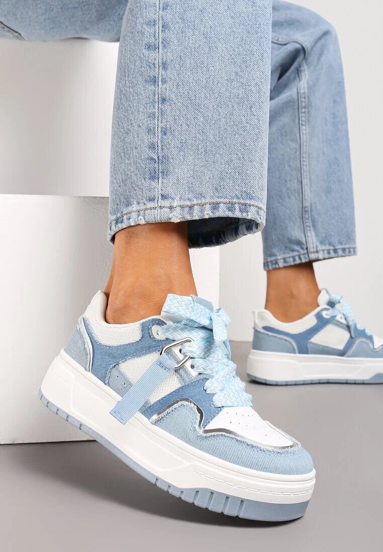  Adidași Albaștri-Albi cu Talpă Groasă cu Șireturi Decorative și Pandantiv Xalenia