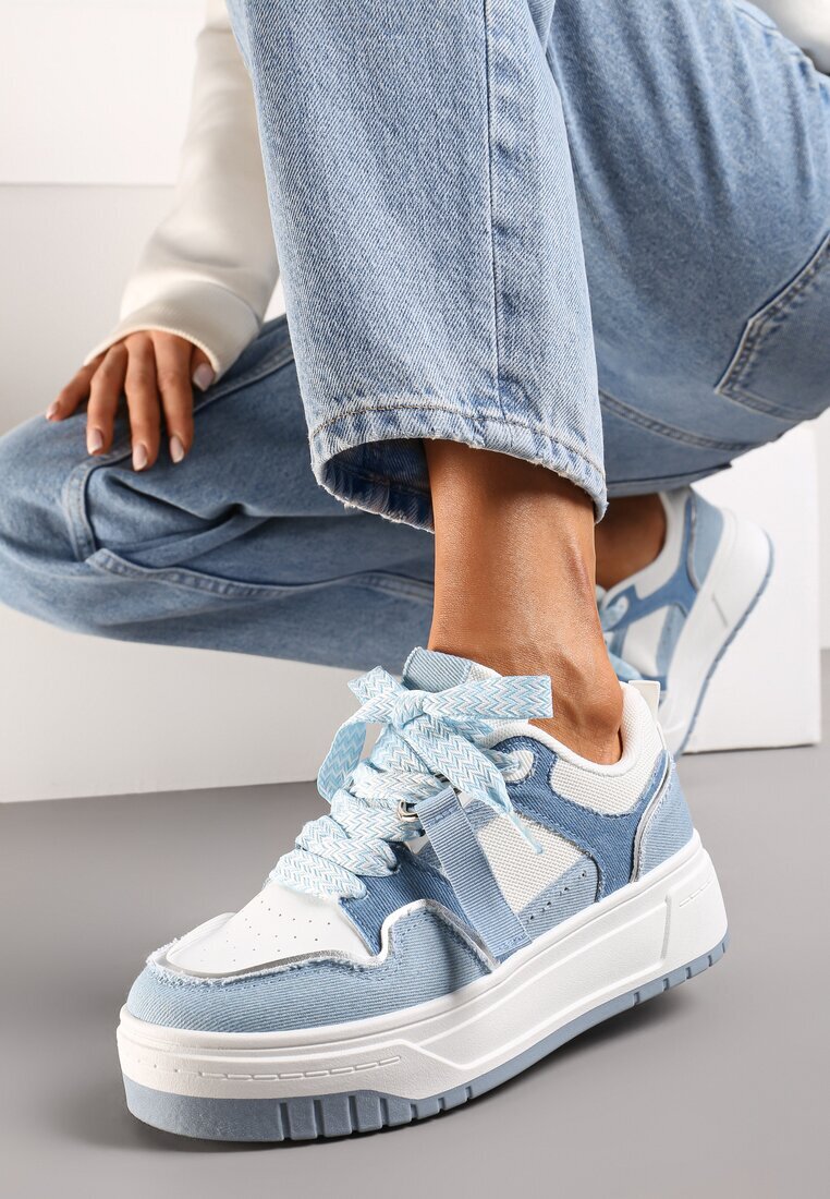  Adidași Albaștri-Albi cu Talpă Groasă cu Șireturi Decorative și Pandantiv Xalenia