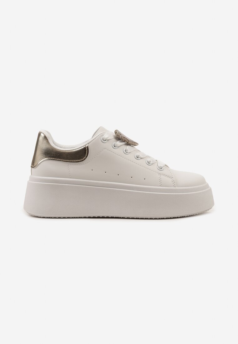  Adidași Albi-Aurii cu șireturi cu talpă groasă cu ornament metalic și Zirconii Cavendra