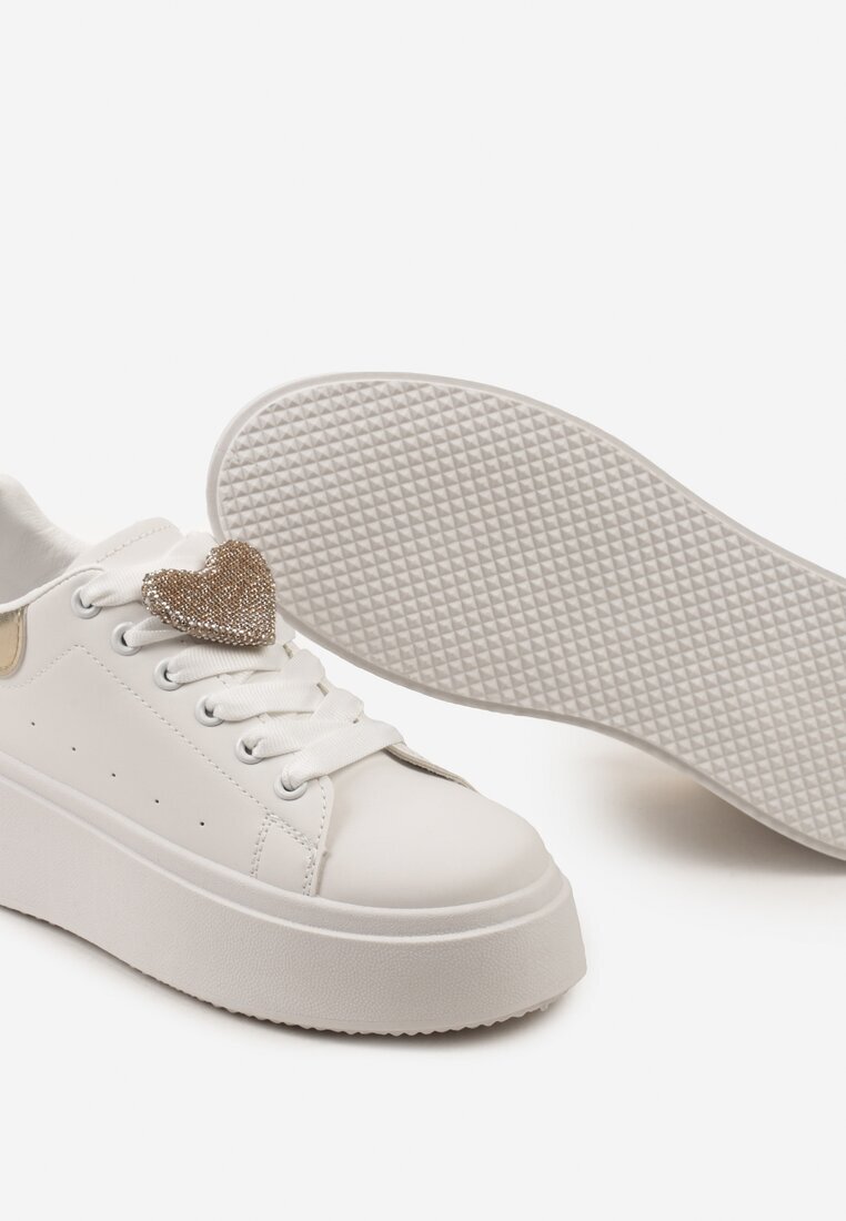  Adidași Albi-Aurii cu șireturi cu talpă groasă cu ornament metalic și Zirconii Cavendra