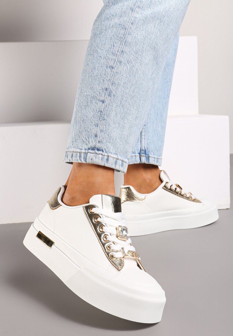  Adidași Albi cu Talpă Groasă cu Inserții Metalice și Cirkonii Himaria