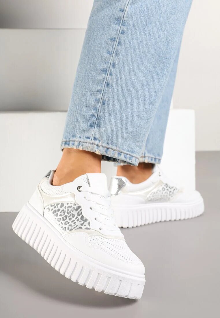  Adidași Albi pe Talpă Reliefată cu Decorațiuni Leopard Gerraza
