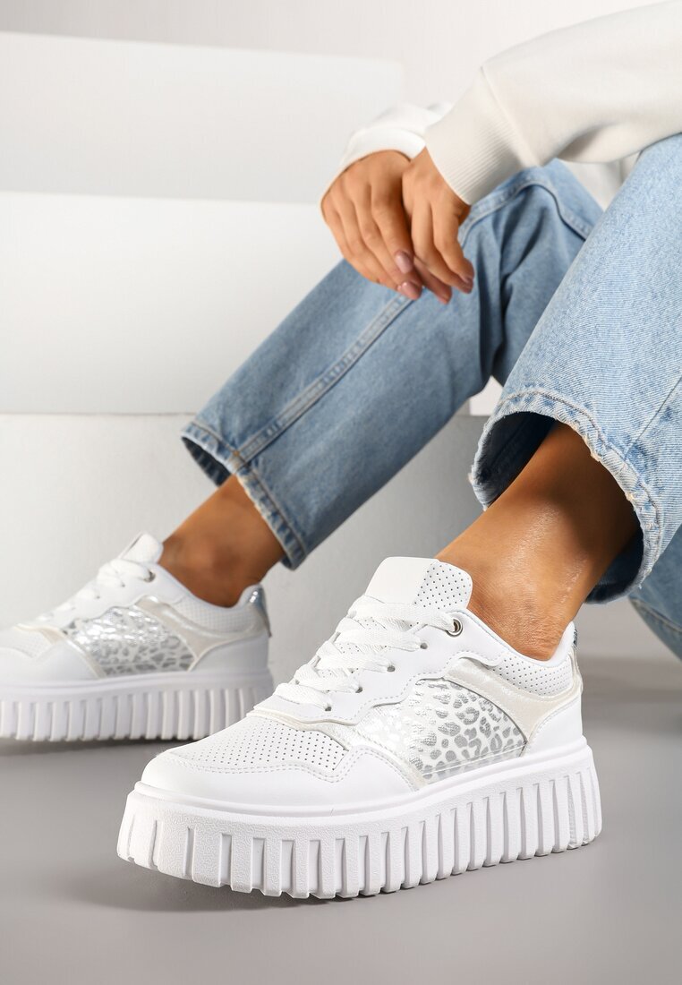  Adidași Albi pe Talpă Reliefată cu Decorațiuni Leopard Gerraza