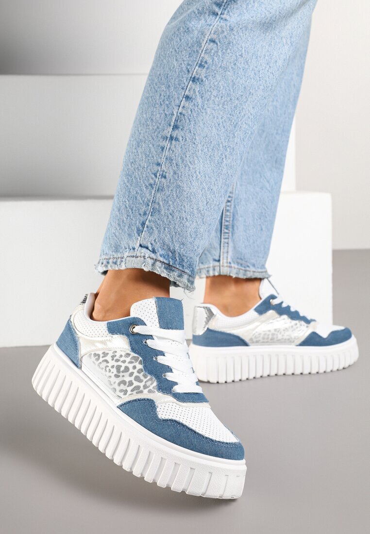  Adidași Albi și Albaștri pe Talpă în Relief cu Ornamente cu Imprimeu Leopard Gerraza