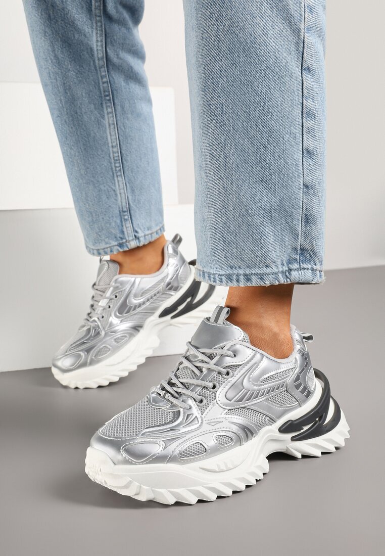  Adidași Argintii pe Talpă Groasă Embosată cu Model Geometric Deoliriel