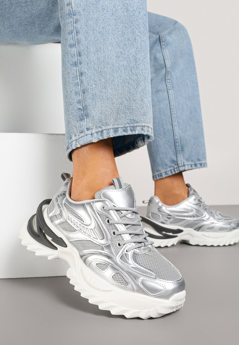  Adidași Argintii pe Talpă Groasă Embosată cu Model Geometric Deoliriel