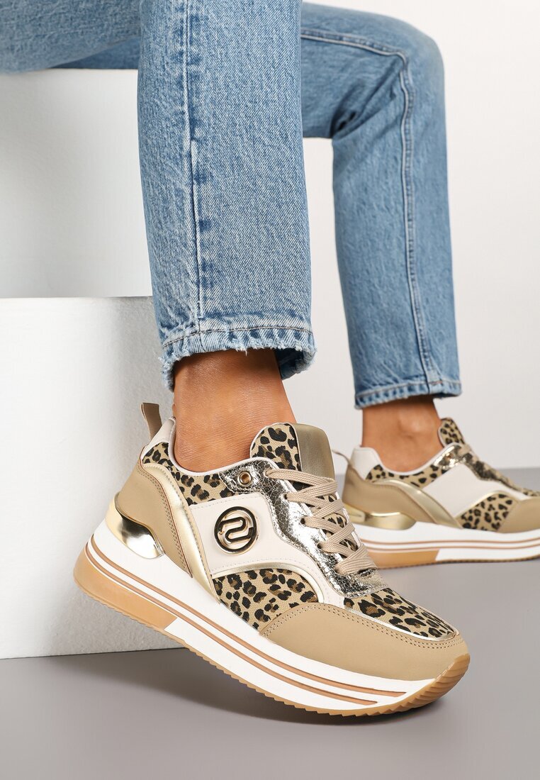 Adidași bej închis decorate cu model de leopard cu talpă groasă și cu inserții metalice Gonnith