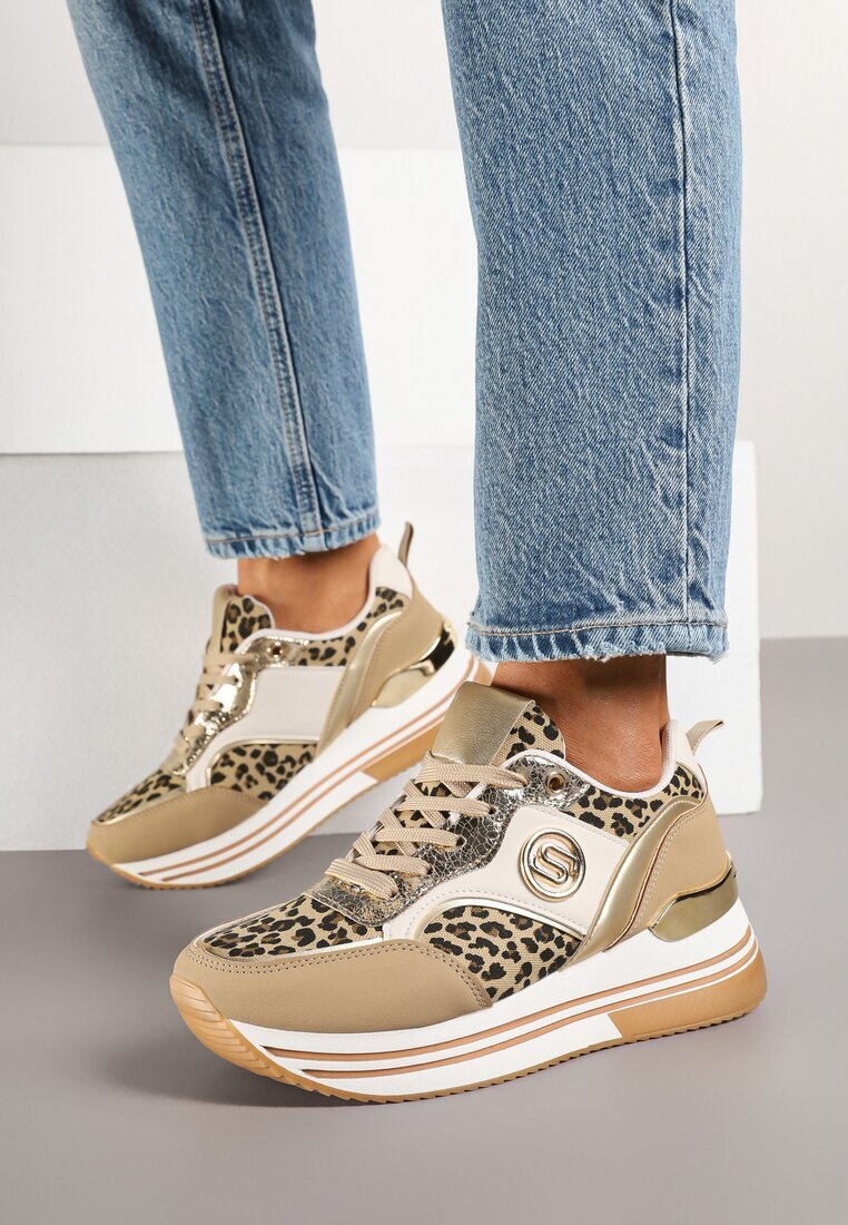  Adidași bej închis decorate cu model de leopard cu talpă groasă și cu inserții metalice Gonnith