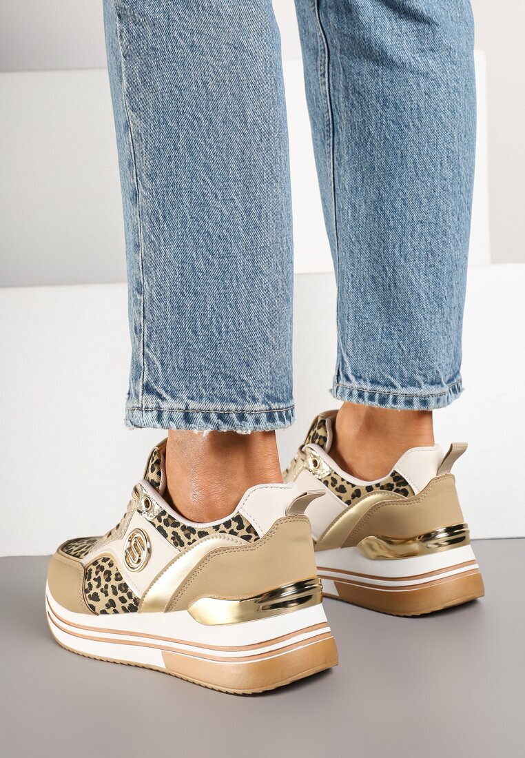 Adidași bej închis decorate cu model de leopard cu talpă groasă și cu inserții metalice Gonnith