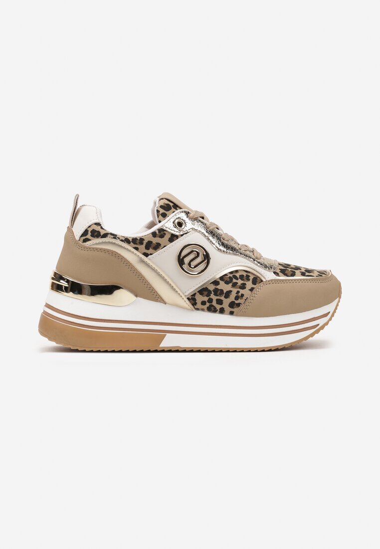  Adidași bej închis decorate cu model de leopard cu talpă groasă și cu inserții metalice Gonnith