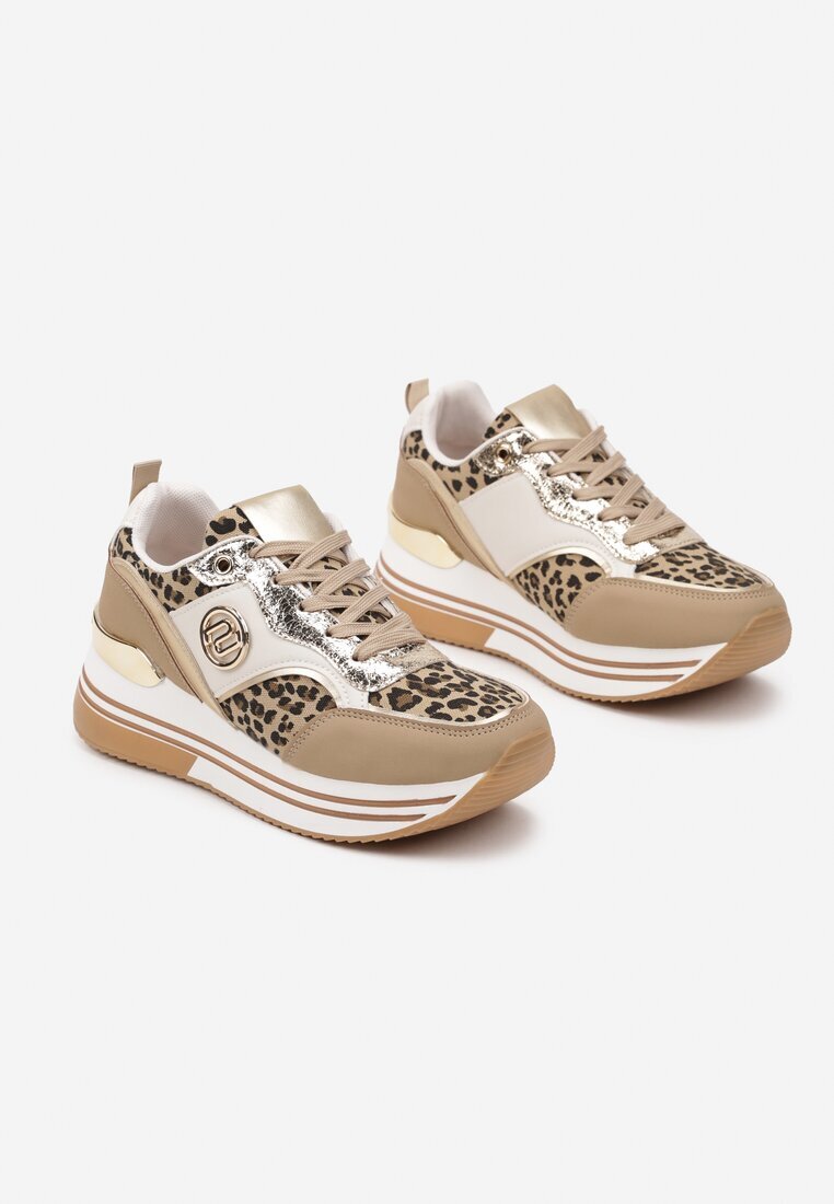  Adidași bej închis decorate cu model de leopard cu talpă groasă și cu inserții metalice Gonnith