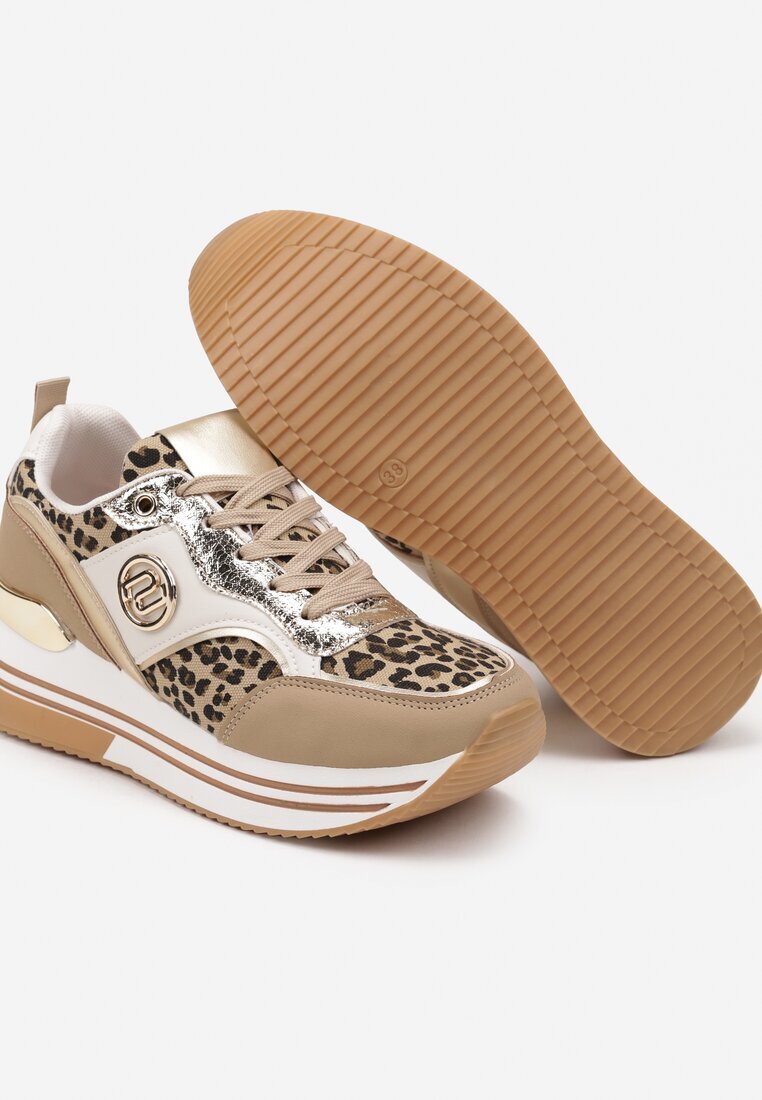  Adidași bej închis decorate cu model de leopard cu talpă groasă și cu inserții metalice Gonnith