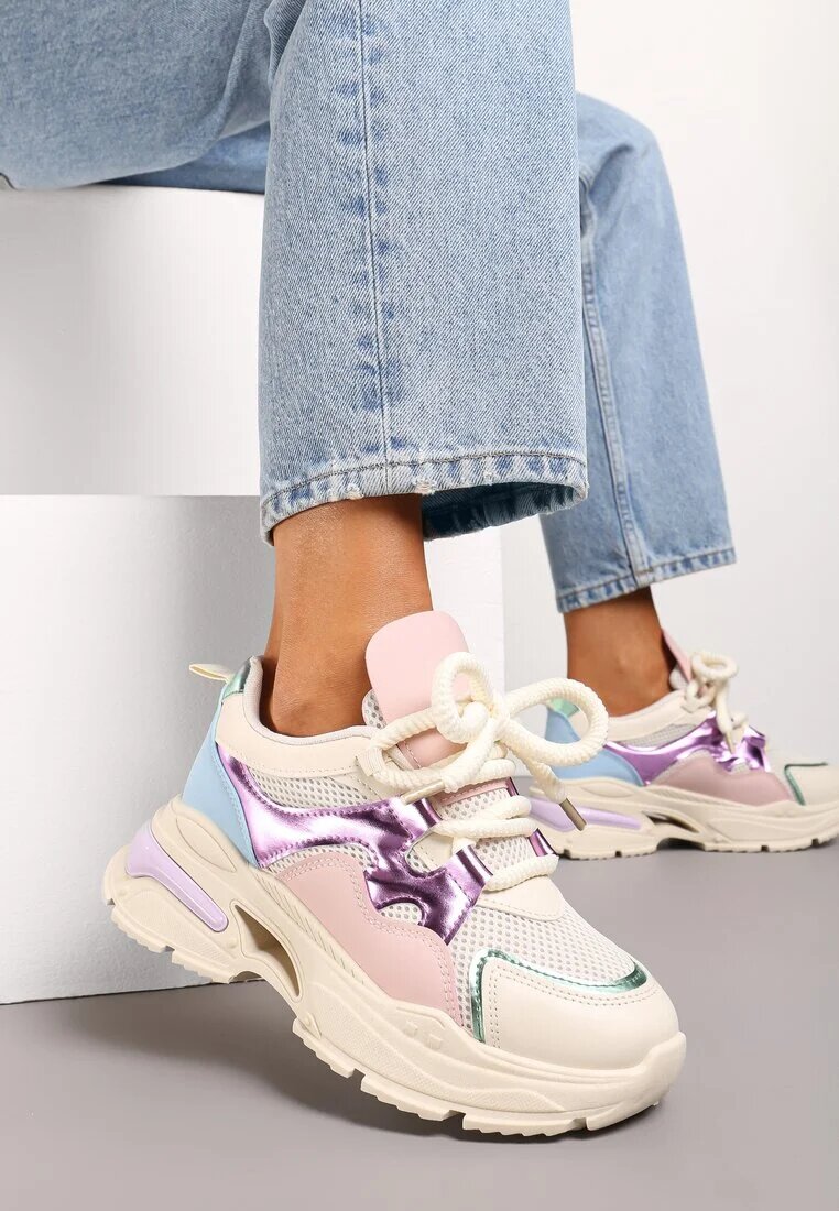  Adidași Bej pe talpă groasă cu șireturi decorative Robella