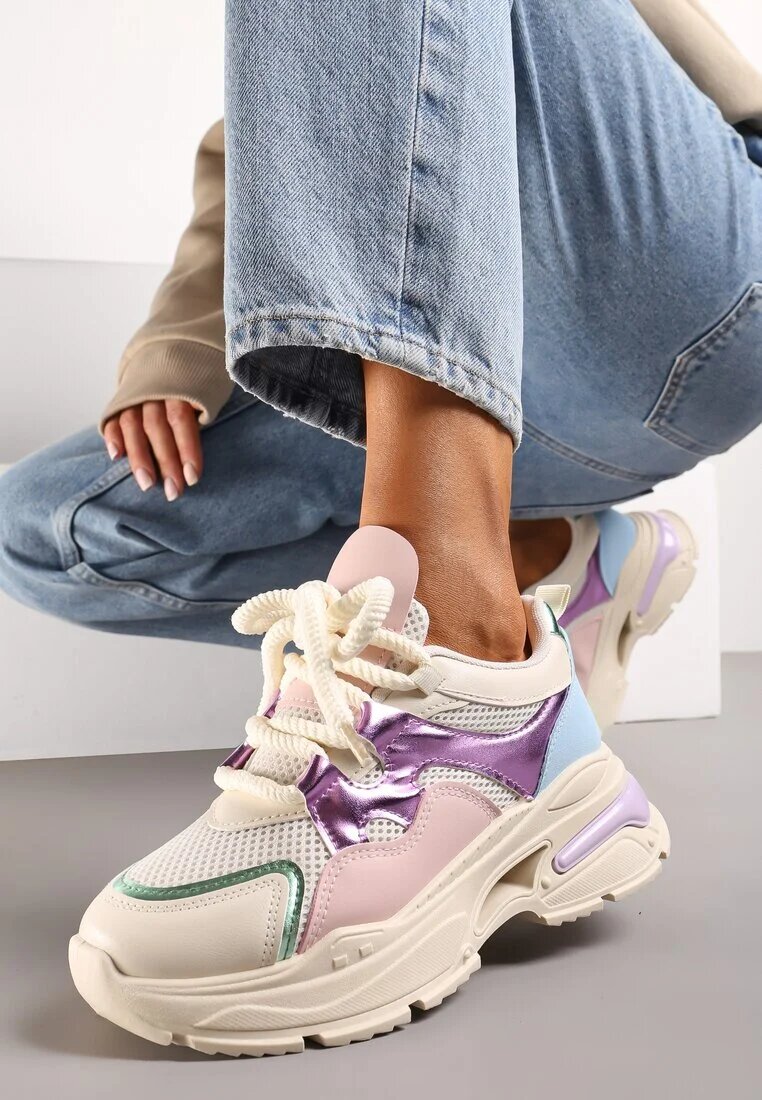  Adidași Bej pe talpă groasă cu șireturi decorative Robella