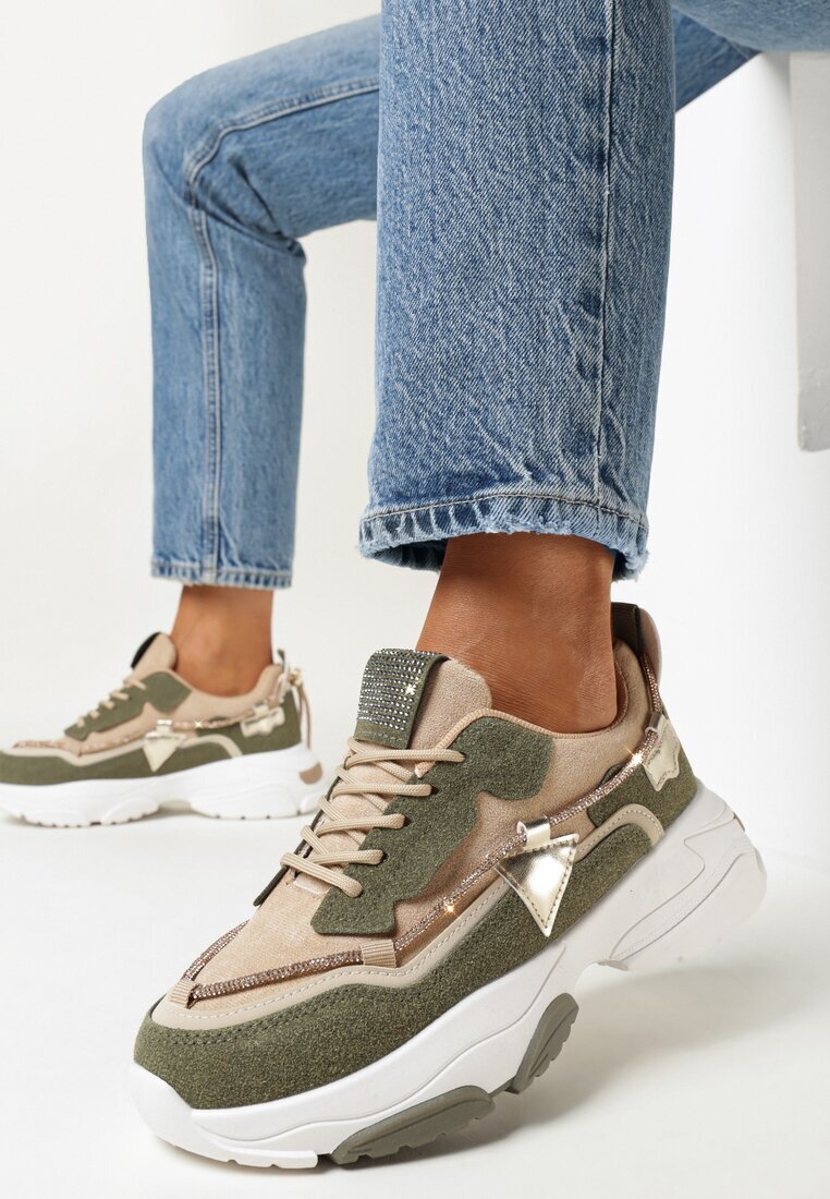  Adidași Bej-Verde pe Talpă Groasă cu Zirconii Evoline
