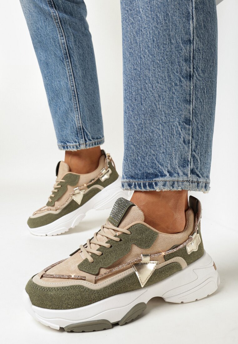  Adidași Bej-Verde pe Talpă Groasă cu Zirconii Evoline