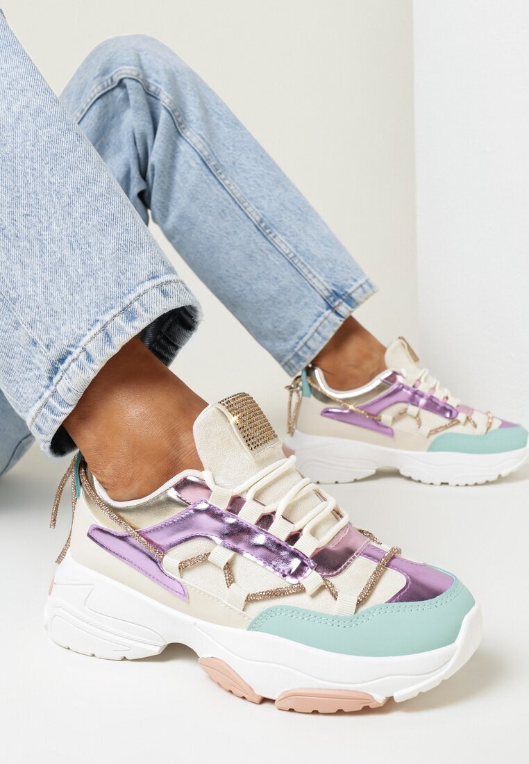  Adidași Bej-Violet cu șnur decorativ cu zirconii Katalynne