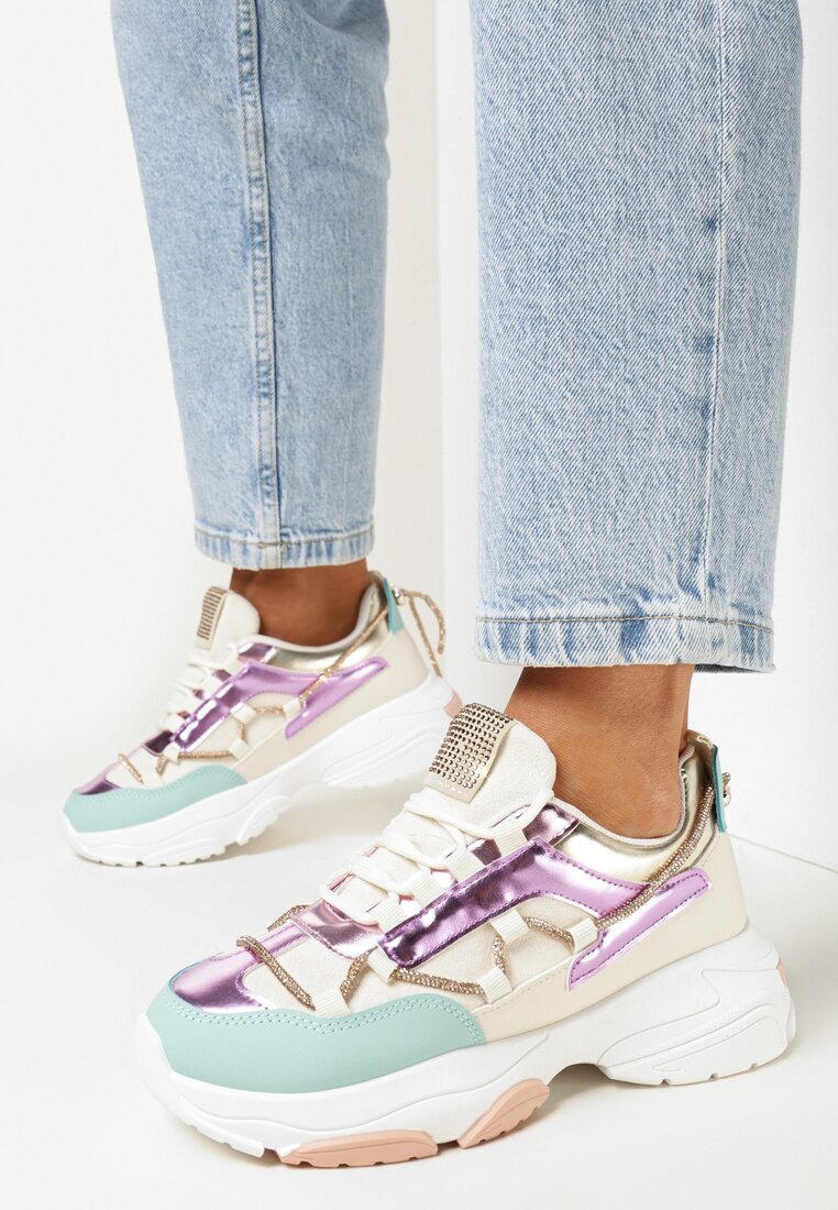  Adidași Bej-Violet cu șnur decorativ cu zirconii Katalynne