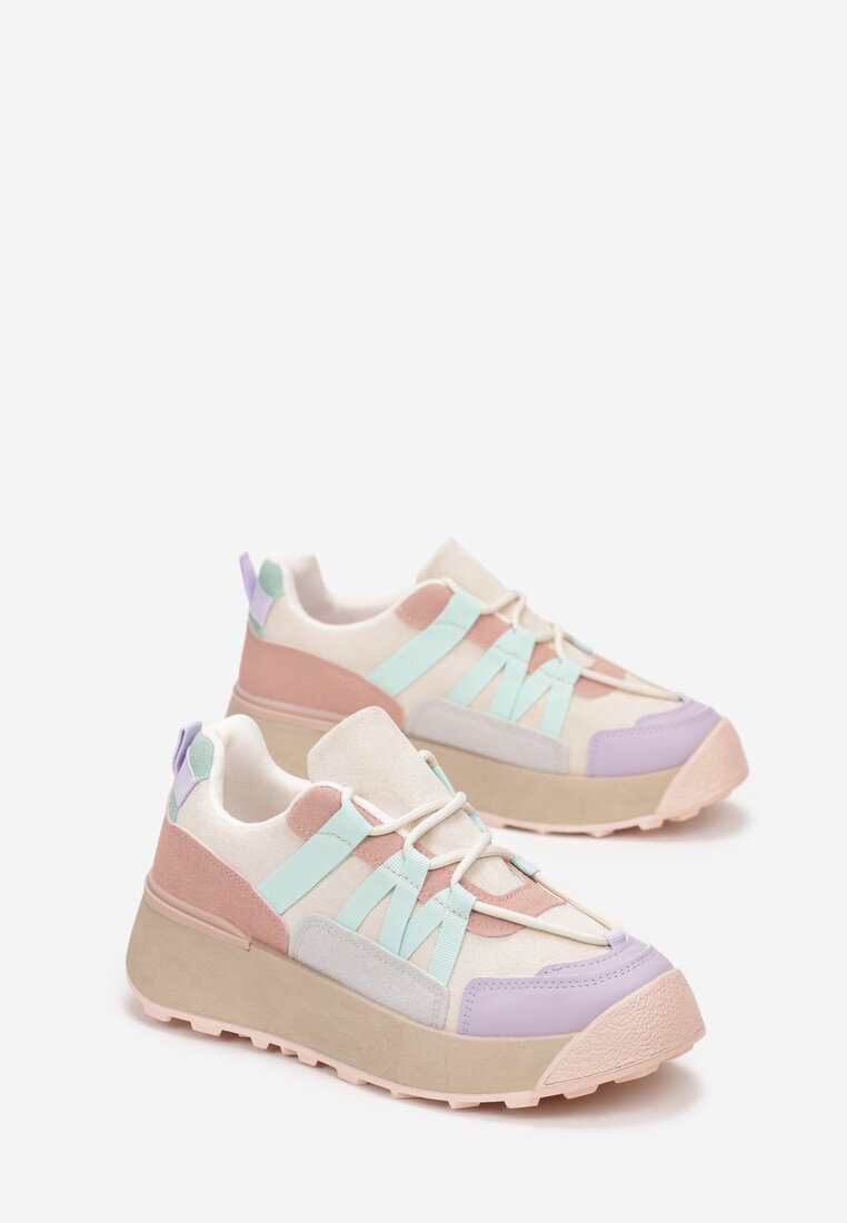  Adidași Bej-Violet cu Talpă Plată Groasă din Imitație Velur Decorați cu Inserții din Piele Ecologică Mariatta